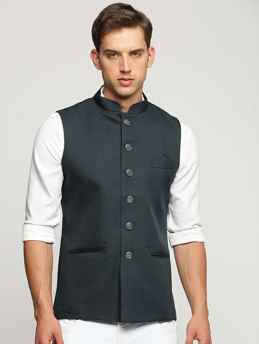 men's slim fit mandarin collar solid nehru jacket