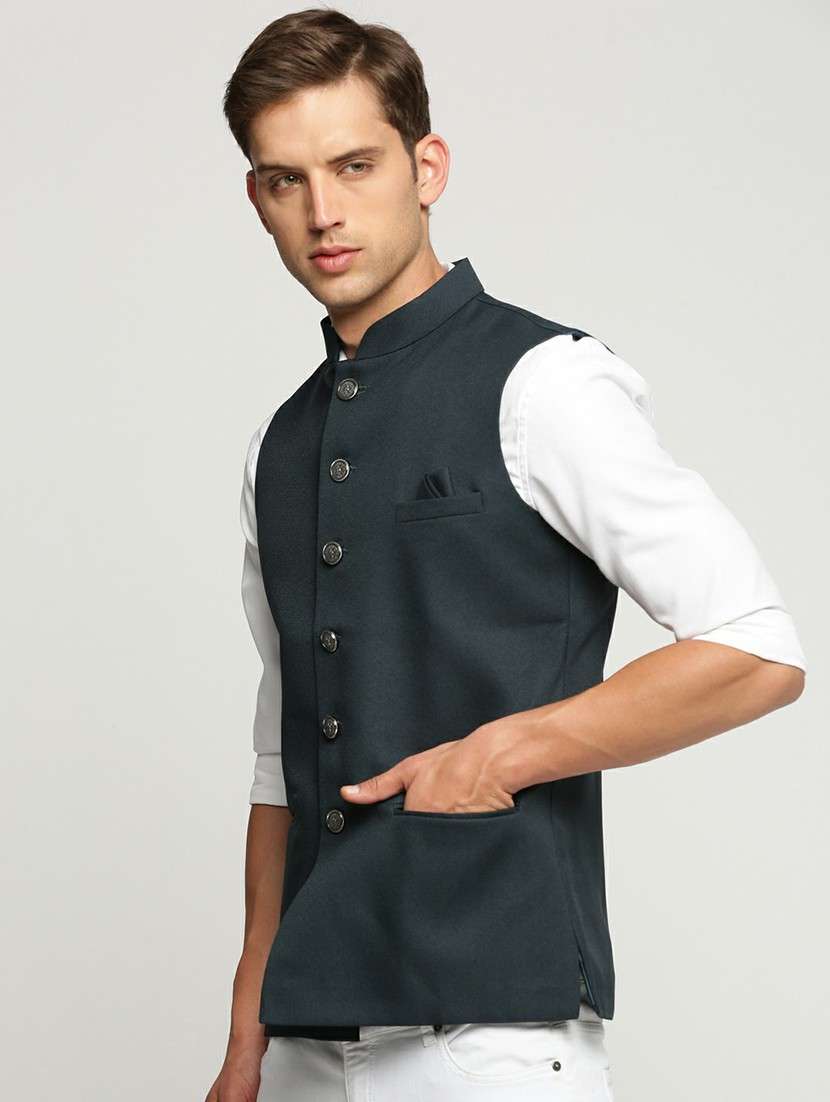 men's slim fit mandarin collar solid nehru jacket - 20598570 -  Standard Image - 1