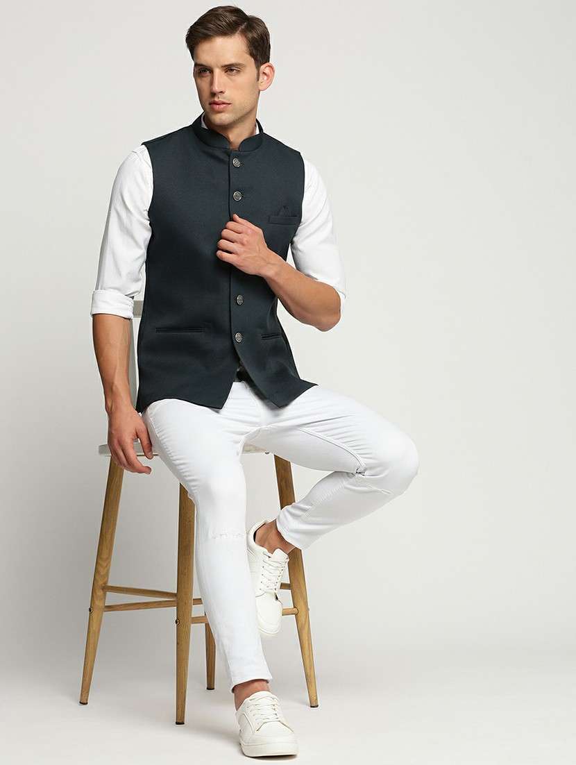 men's slim fit mandarin collar solid nehru jacket - 20598570 -  Standard Image - 4
