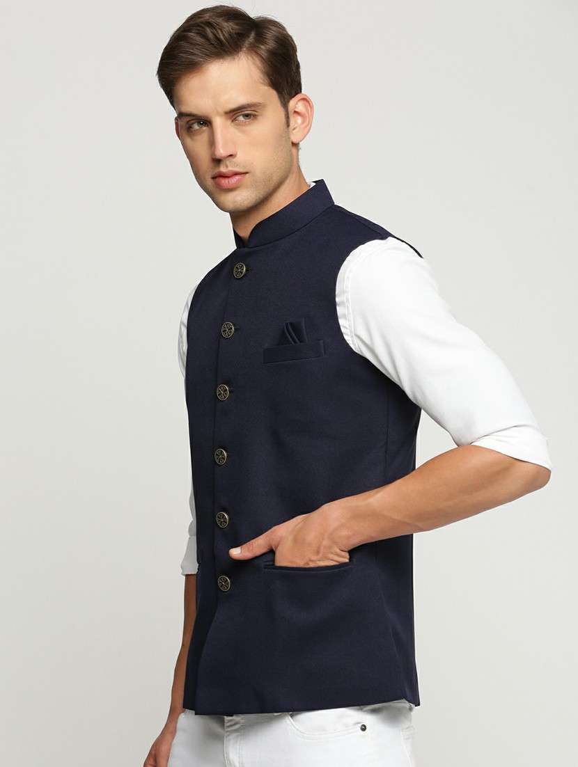 men's slim fit mandarin collar solid nehru jacket - 20598574 -  Standard Image - 1