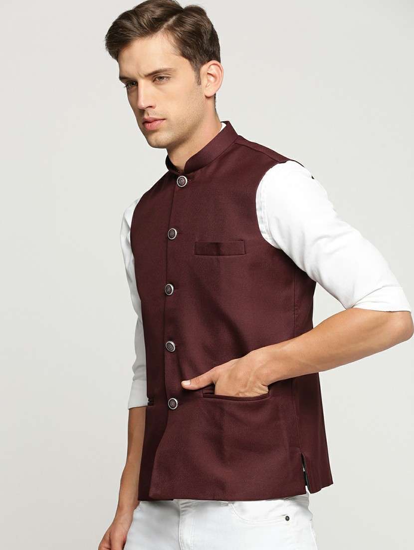 men's slim fit mandarin collar solid nehru jacket - 20598575 -  Standard Image - 1