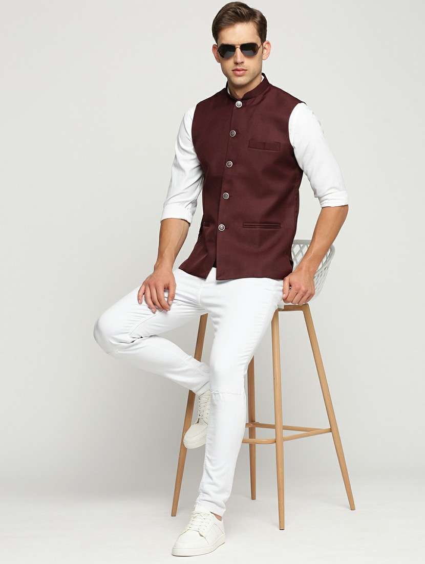 men's slim fit mandarin collar solid nehru jacket - 20598575 -  Standard Image - 4