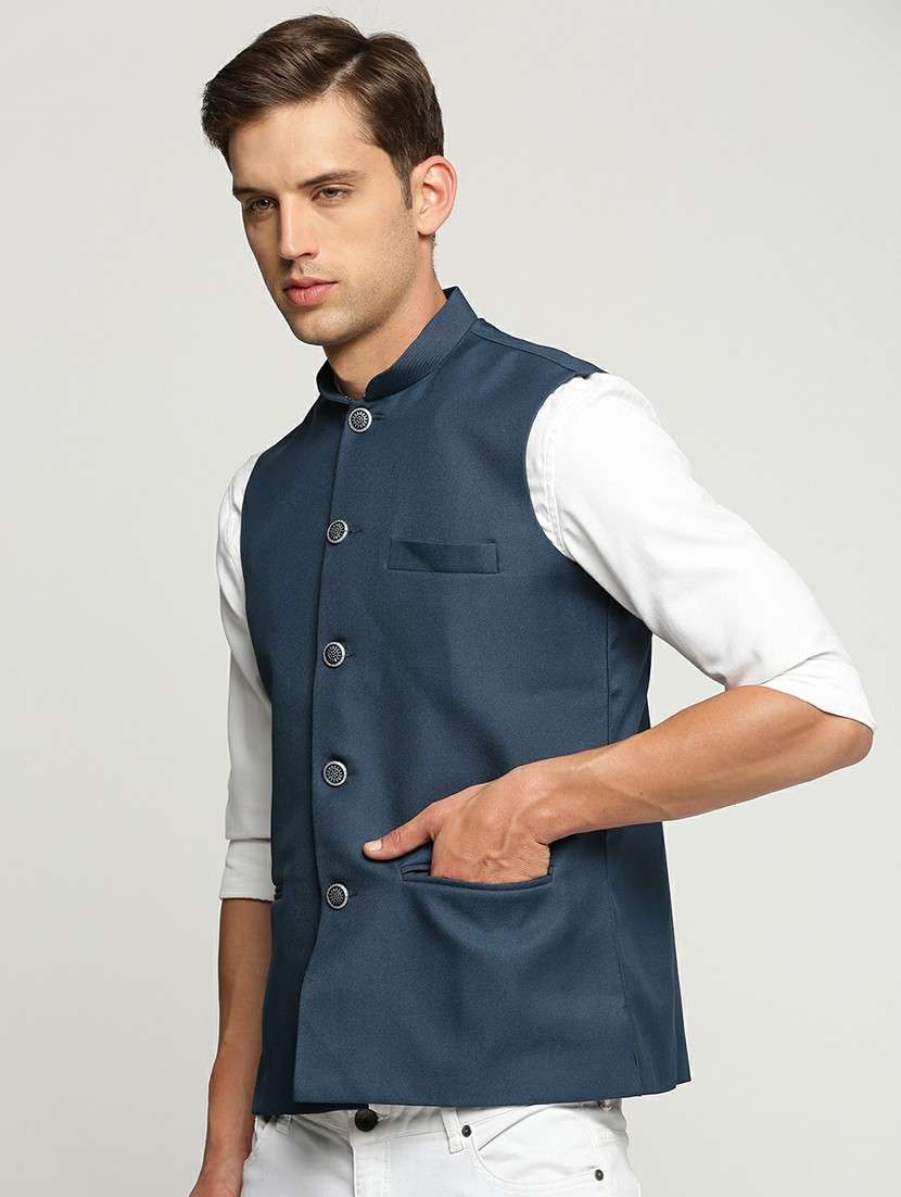 men's slim fit mandarin collar solid nehru jacket - 20598577 -  Standard Image - 1