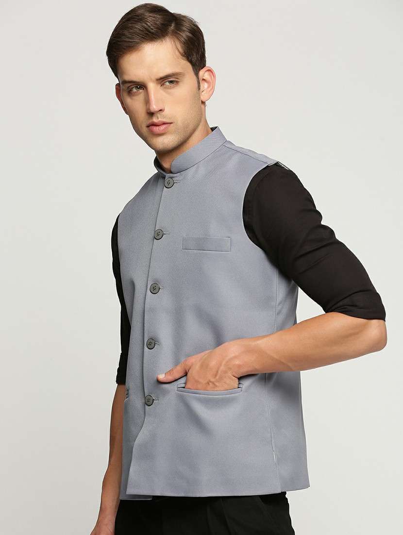 men's slim fit mandarin collar solid nehru jacket - 20598580 -  Standard Image - 1