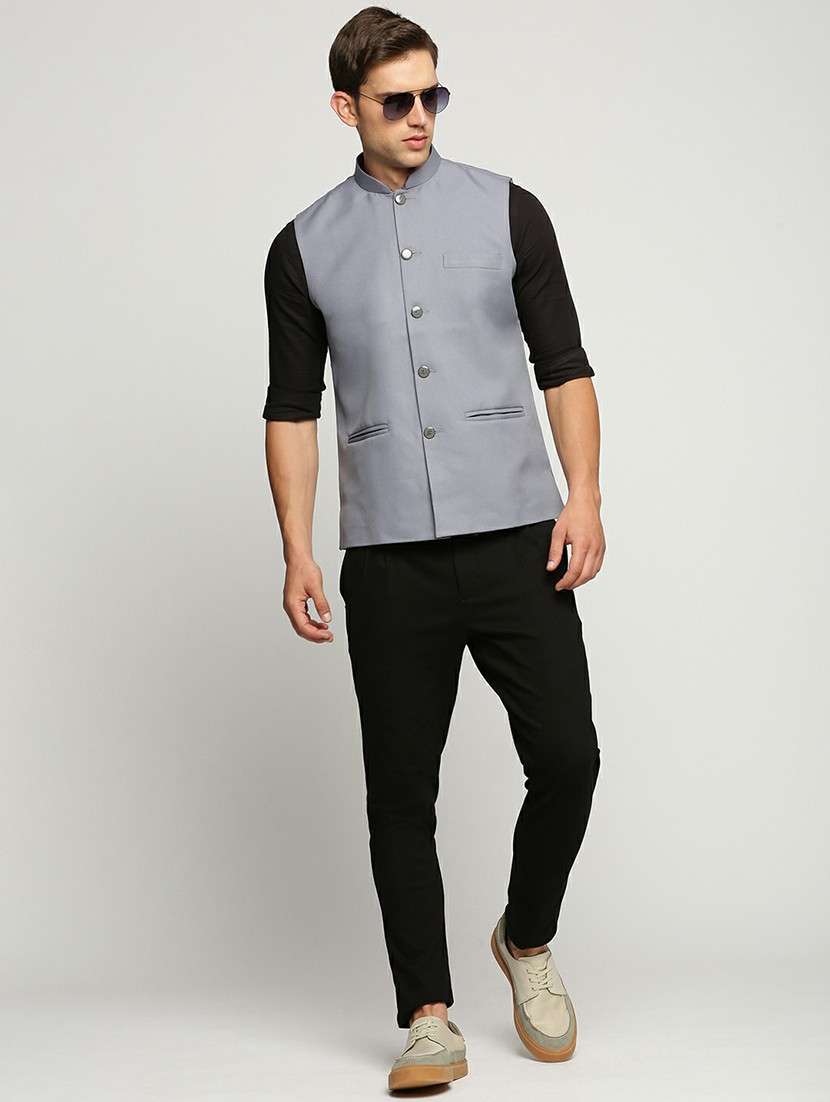 men's slim fit mandarin collar solid nehru jacket - 20598580 -  Standard Image - 4