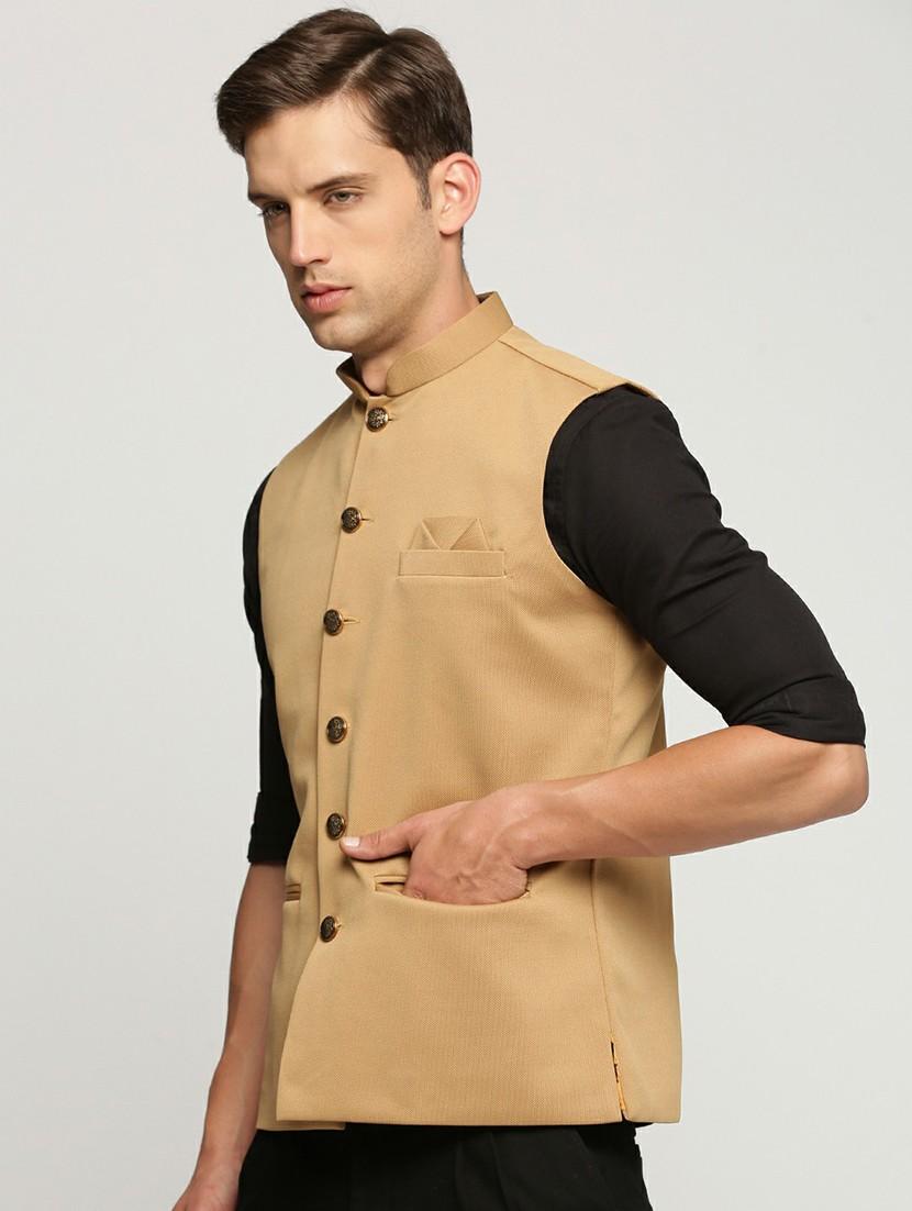 men's slim fit mandarin collar solid nehru jacket - 20598582 - Standard Image - 1