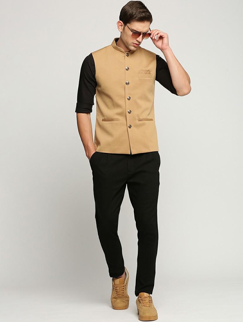 men's slim fit mandarin collar solid nehru jacket - 20598582 - Standard Image - 4