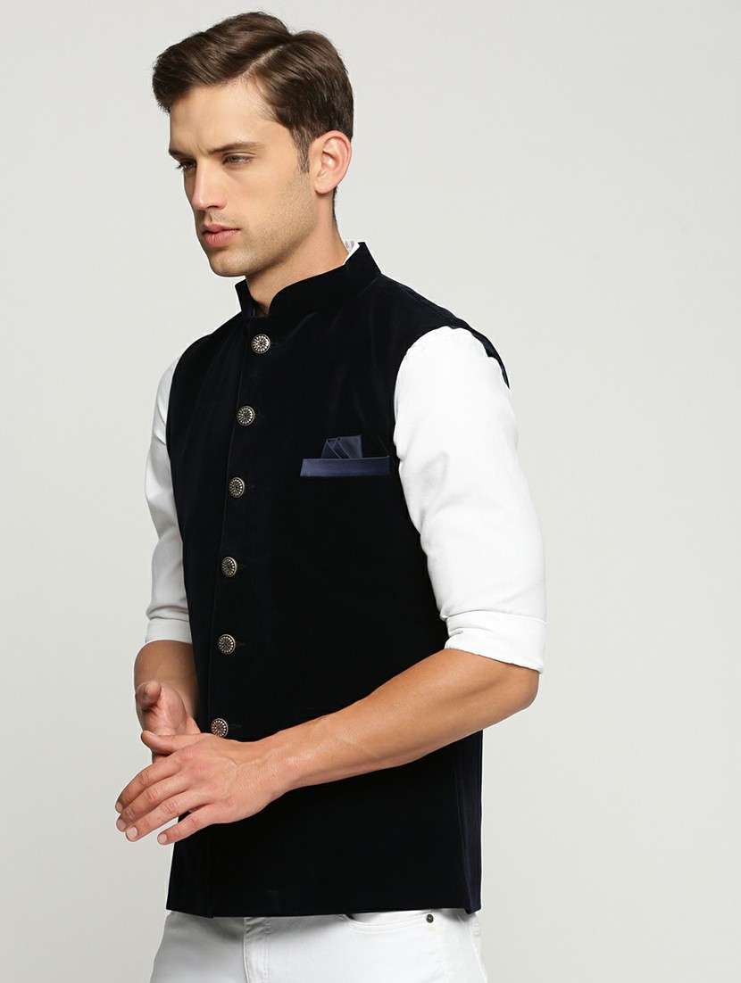 men's slim fit mandarin collar solid nehru jacket - 20598583 - Standard Image - 1