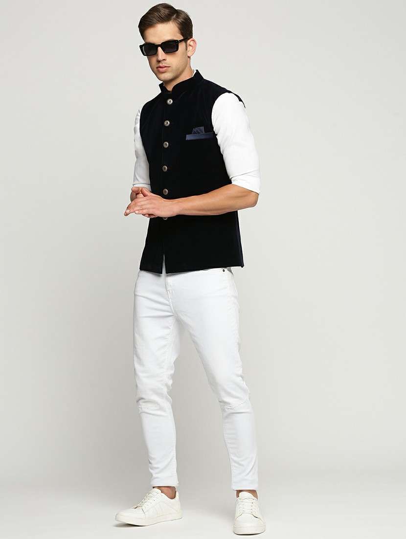 men's slim fit mandarin collar solid nehru jacket - 20598583 - Standard Image - 4