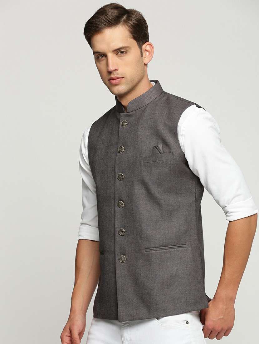 men's slim fit mandarin collar solid nehru jacket - 20598585 -  Standard Image - 1