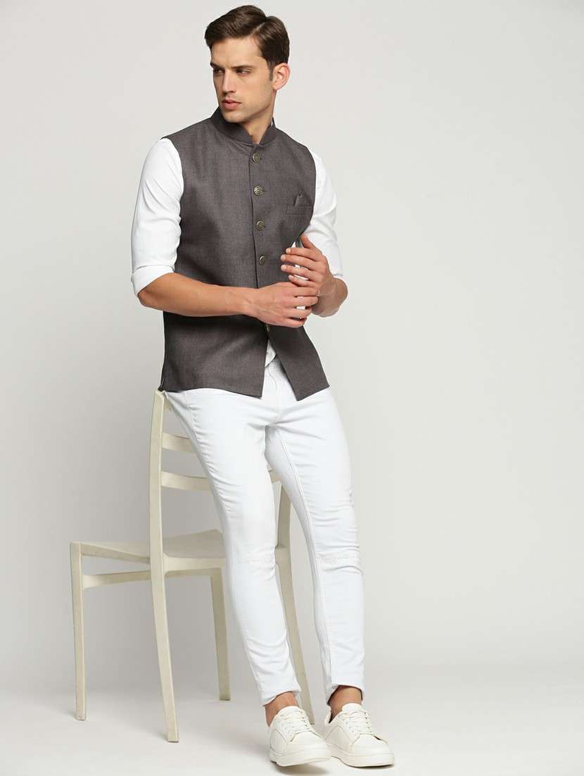 men's slim fit mandarin collar solid nehru jacket - 20598585 -  Standard Image - 4