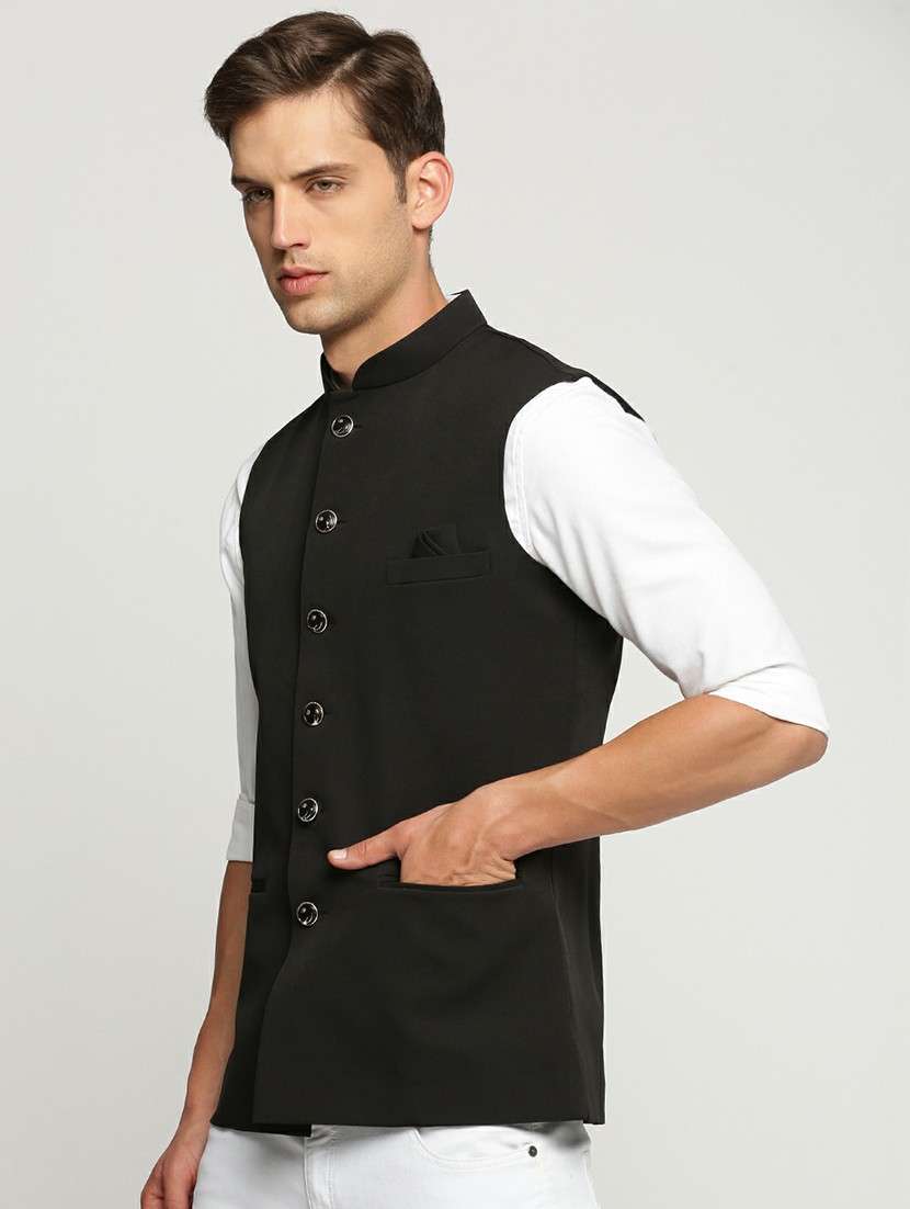 men's slim fit mandarin collar solid nehru jacket - 20598587 -  Standard Image - 1