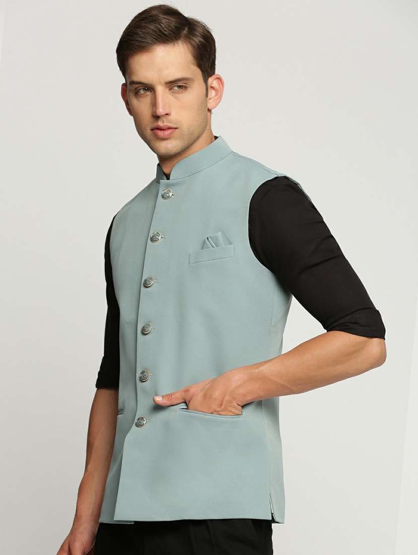men's slim fit mandarin collar solid nehru jacket - 20598588 -  Standard Image - 1