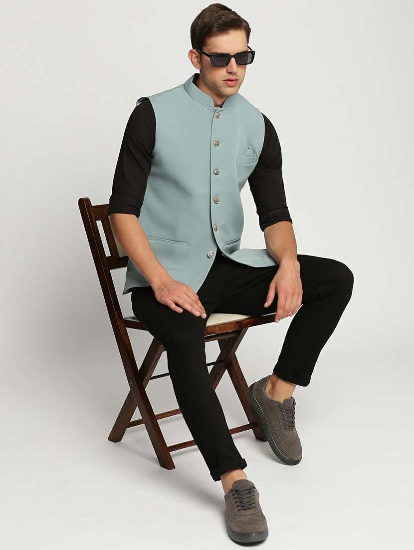men's slim fit mandarin collar solid nehru jacket - 20598588 - Standard Image - 4