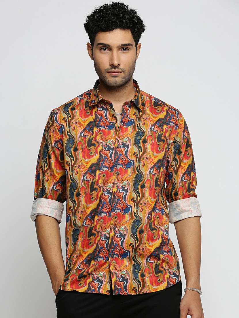 orange cotton blend casual shirt