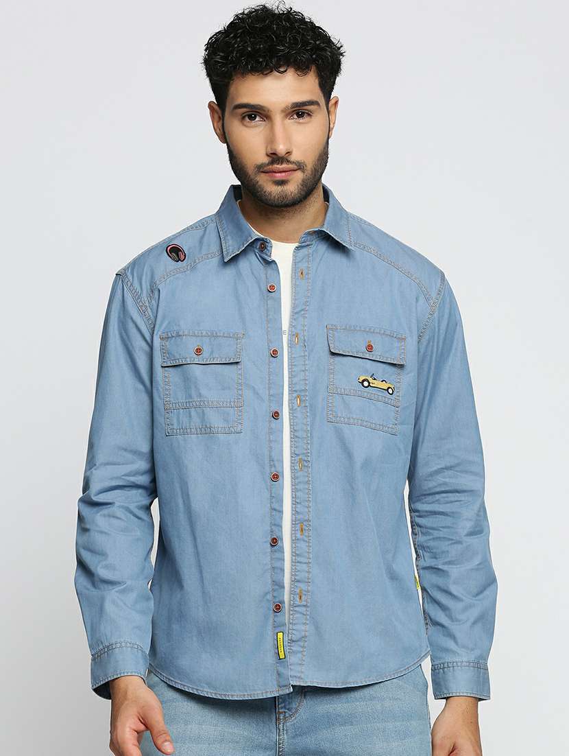 blue cotton blend casual shirt