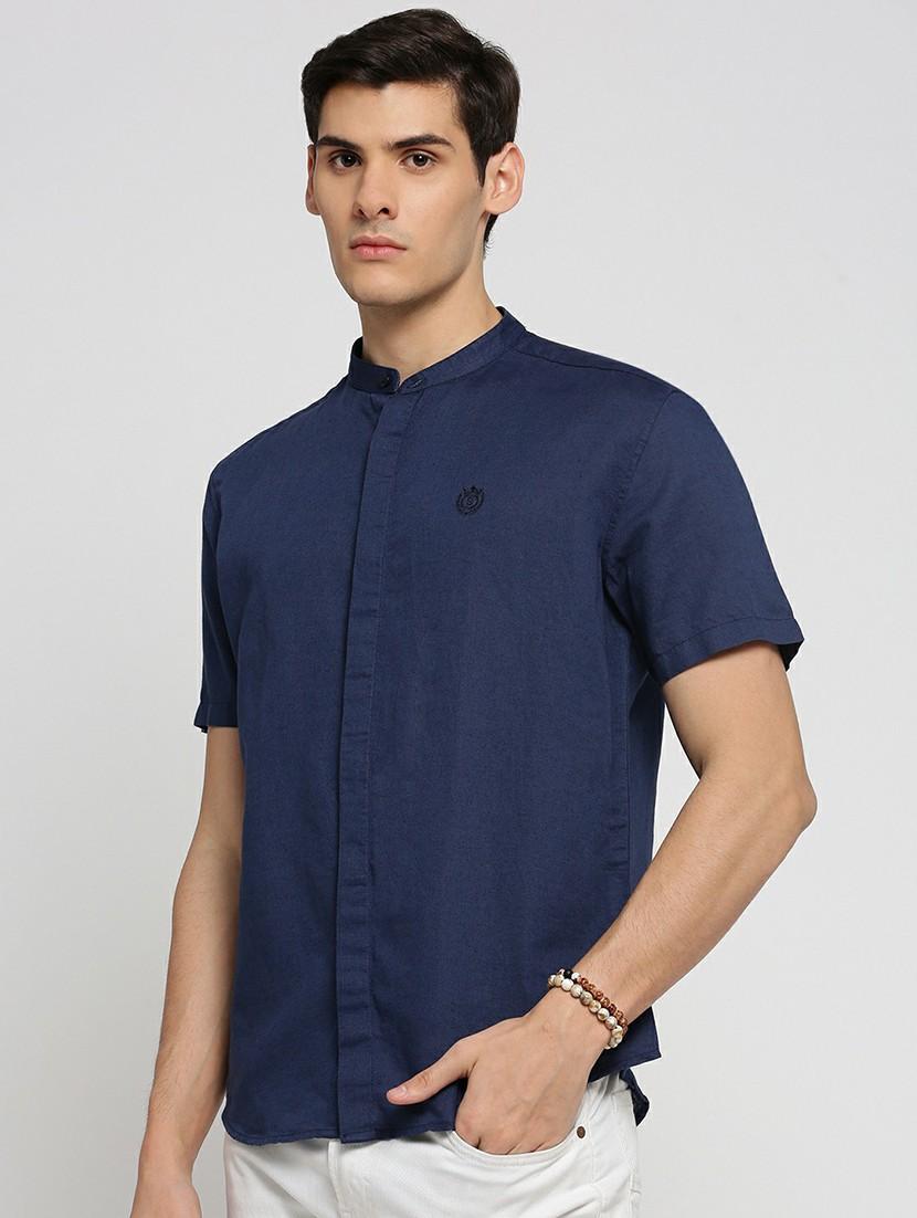 navy blue linen blend casual shirt - 20598786 - Standard Image - 1