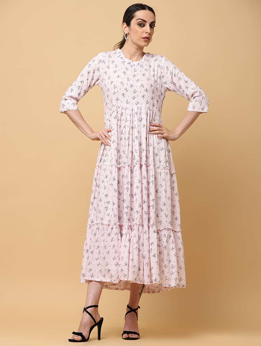women pink printed tiered detailed dress
