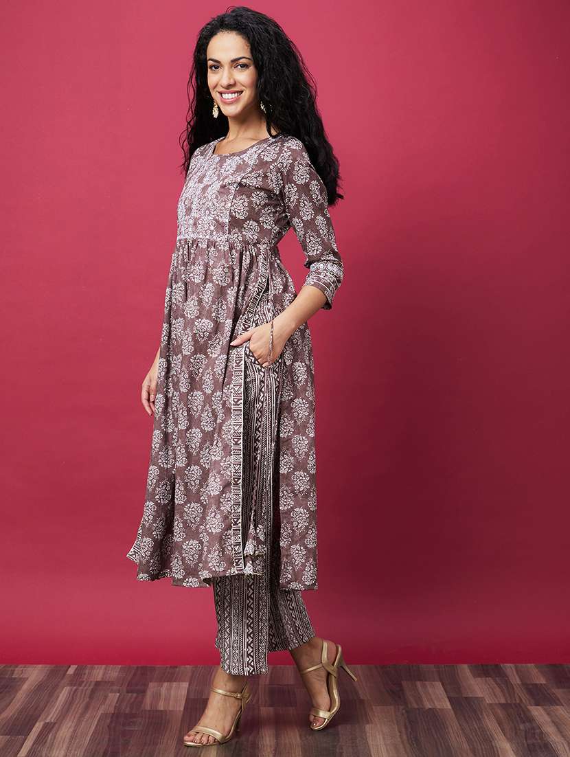 taupe floral print kurta pant set - 20600230 -  Standard Image - 1
