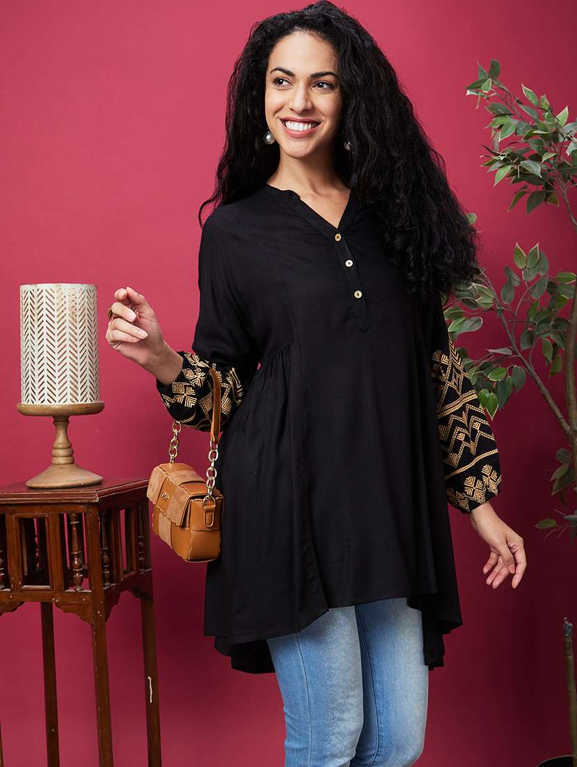 globus women black mandarin collar embroidered bishop sleeves asymmetric hem panelled a-line kurta