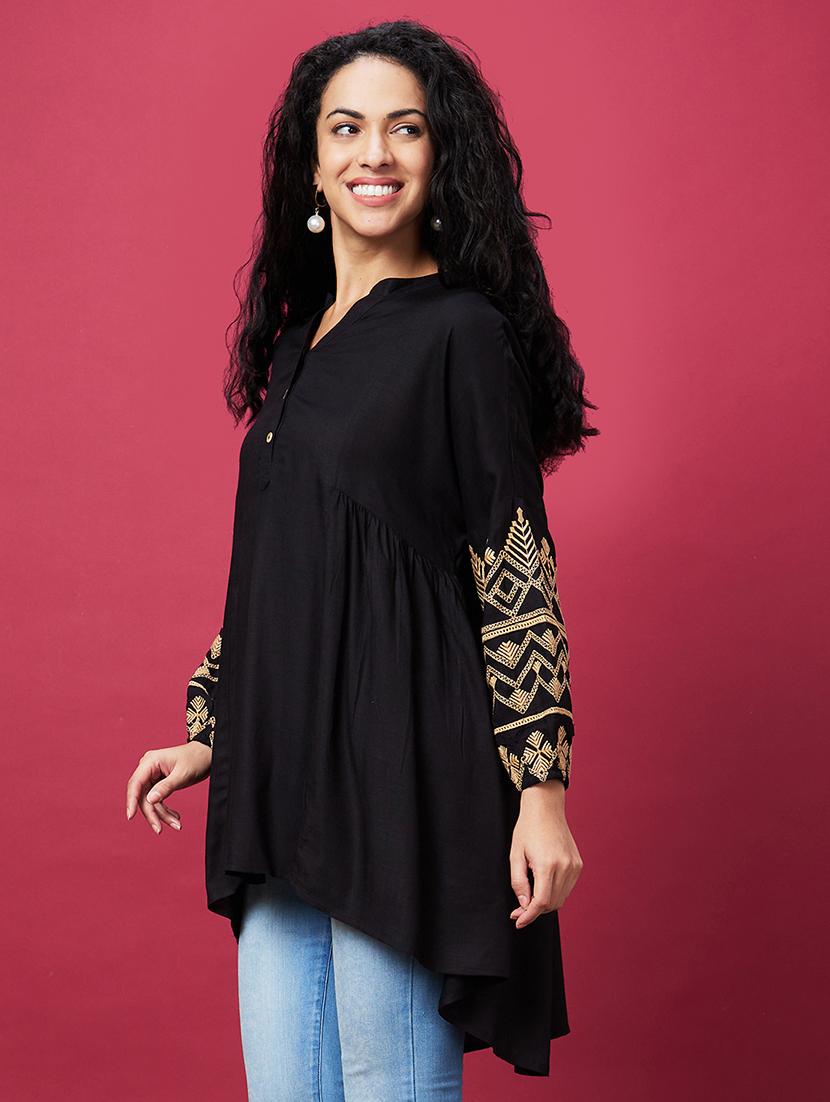 globus women black mandarin collar embroidered bishop sleeves asymmetric hem panelled a-line kurta - 20600233 - Standard Image - 1