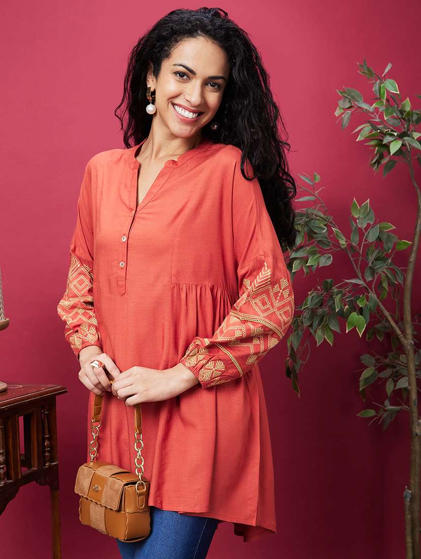 globus women rust mandarin collar embroidered bishop sleeves asymmetric hem panelled a-line kurta