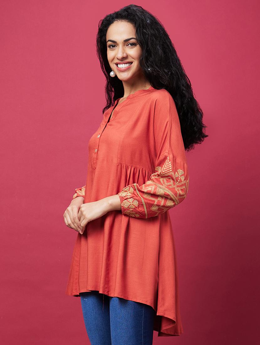 globus women rust mandarin collar embroidered bishop sleeves asymmetric hem panelled a-line kurta - 20600234 -  Standard Image - 1
