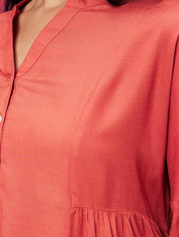 globus women rust mandarin collar embroidered bishop sleeves asymmetric hem panelled a-line kurta - 20600234 -  Standard Image - 4