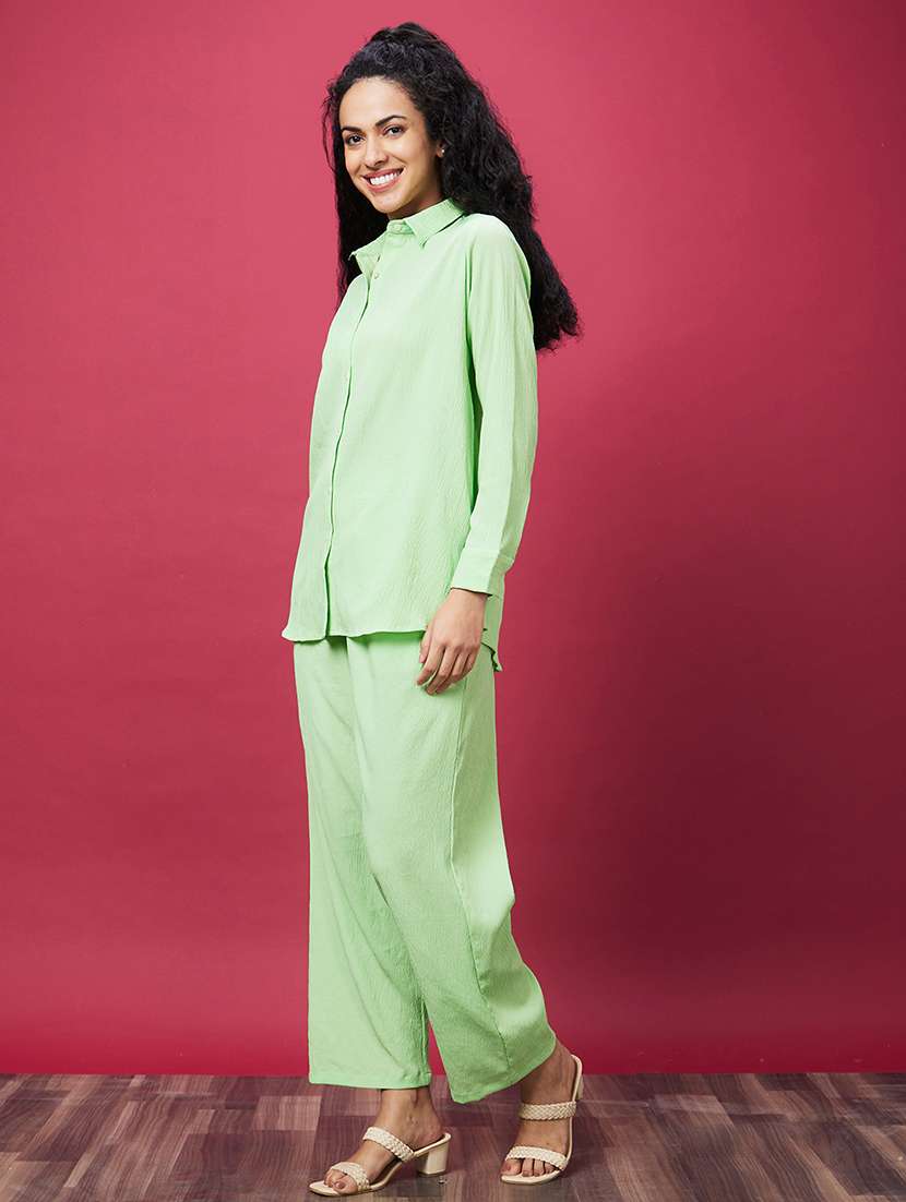 women green polyester shirt and palazzos co-ord set - 20600239 -  Standard Image - 1