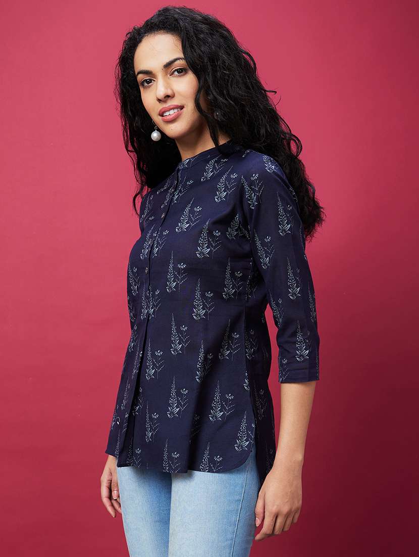 globus women navy mandarin collar allover floral printed high-low hem tunic - 20600272 -  Standard Image - 1