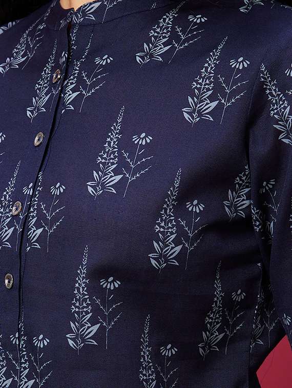 globus women navy mandarin collar allover floral printed high-low hem tunic - 20600272 -  Standard Image - 4