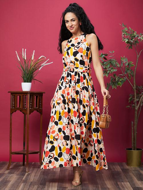 globus women multicolour abstract printed halter neck belted a-line maxi dress - 20600282 - Standard Image - 0