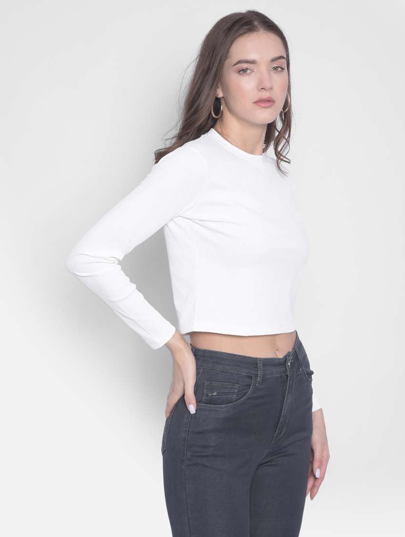 women solid white crop top - 20601226 -  Standard Image - 1
