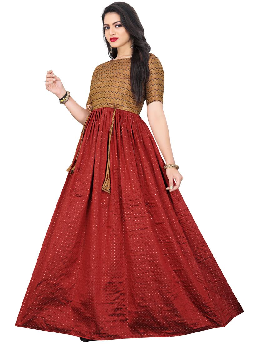 women red round neck stitched gown - 20601321 - Standard Image - 1