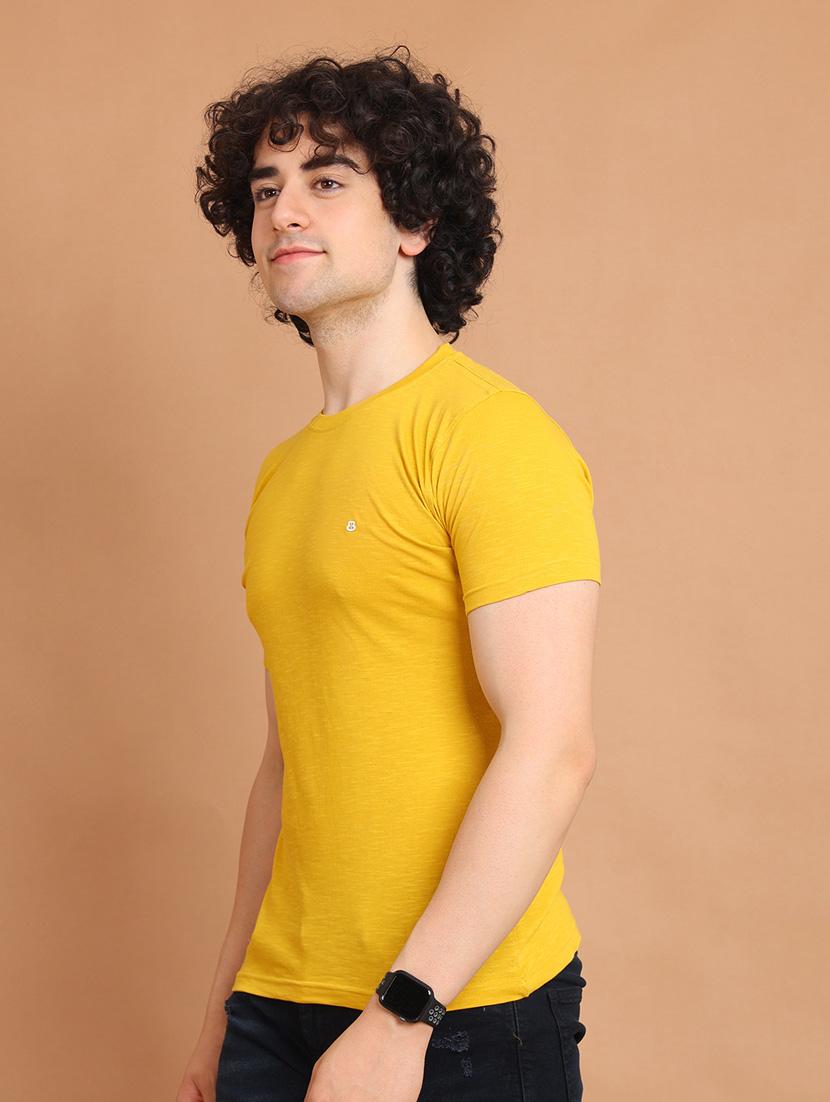 men yellow plain round neck t-shirt - 20601476 - Standard Image - 1