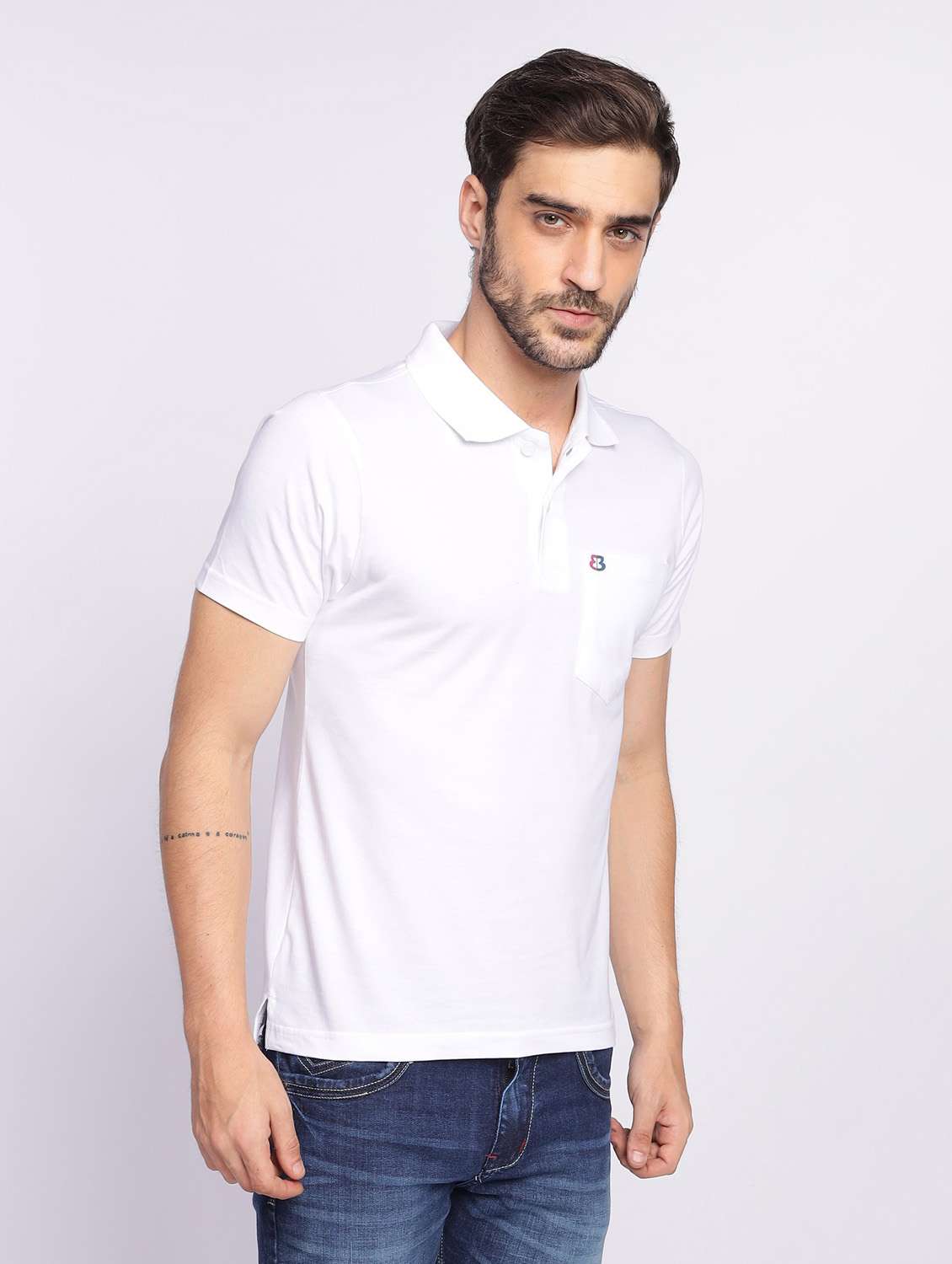 men white plain polo neck t-shirt - 20601547 -  Standard Image - 1