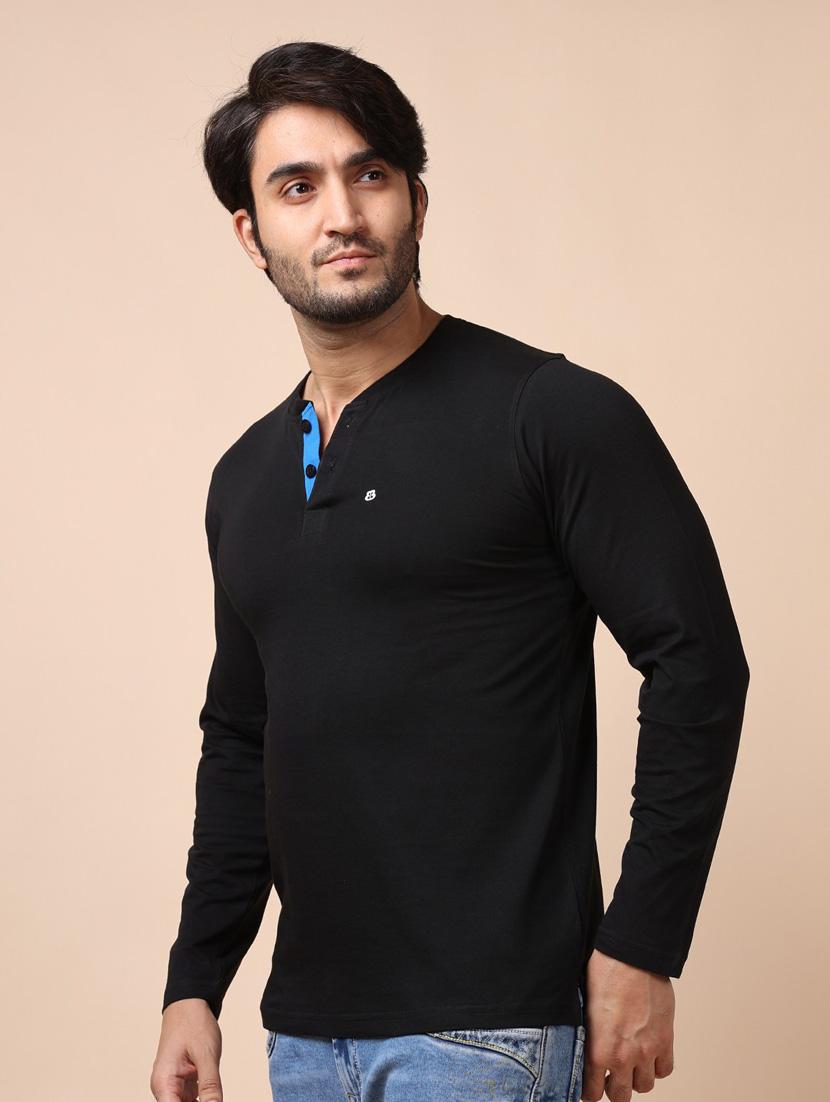 men black plain henley neck t-shirt - 20601596 -  Standard Image - 1