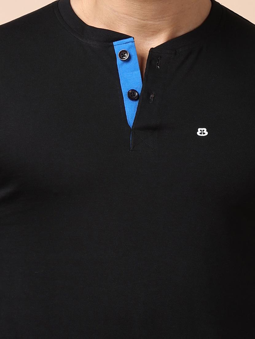 men black plain henley neck t-shirt - 20601596 - Standard Image - 4