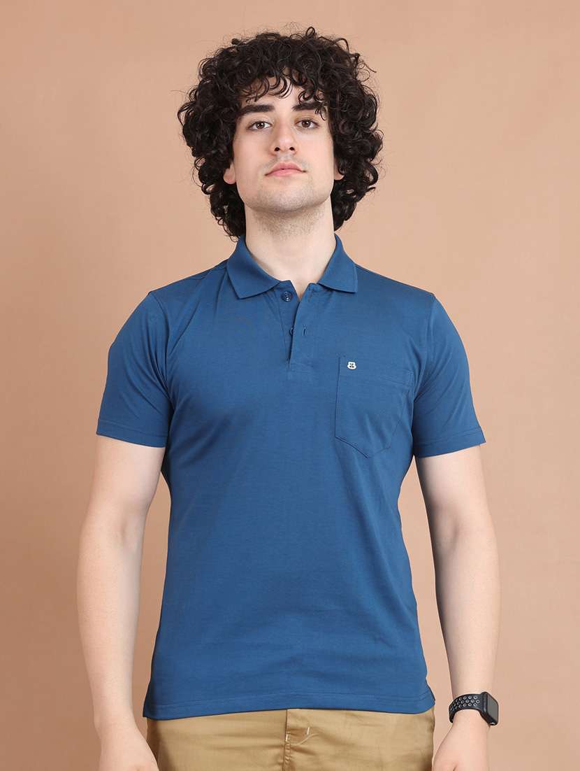 men blue plain polo neck t-shirt