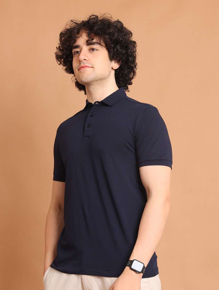 men navy blue solids polo neck t-shirt - 20601622 -  Standard Image - 1