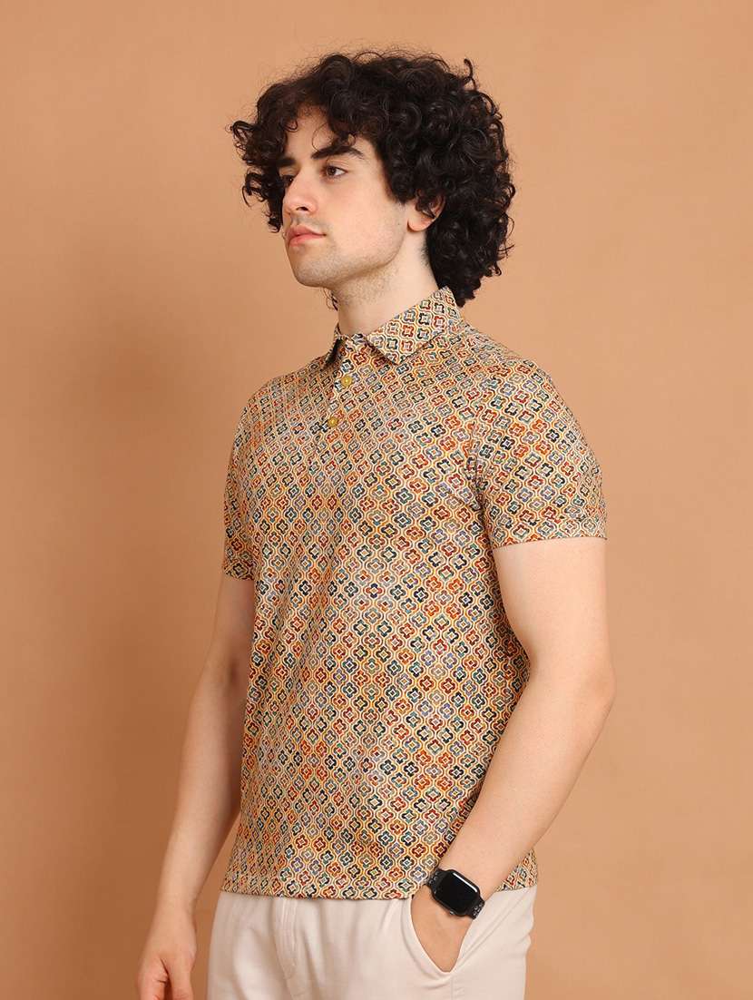 beige printed short sleeve polo t-shirt - 20601635 -  Standard Image - 1