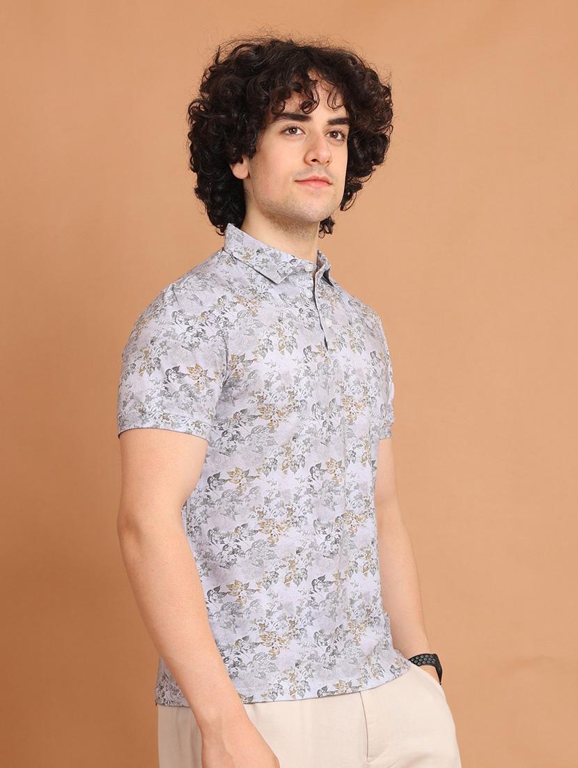 grey printed short sleeve polo t-shirt - 20601657 - Standard Image - 1