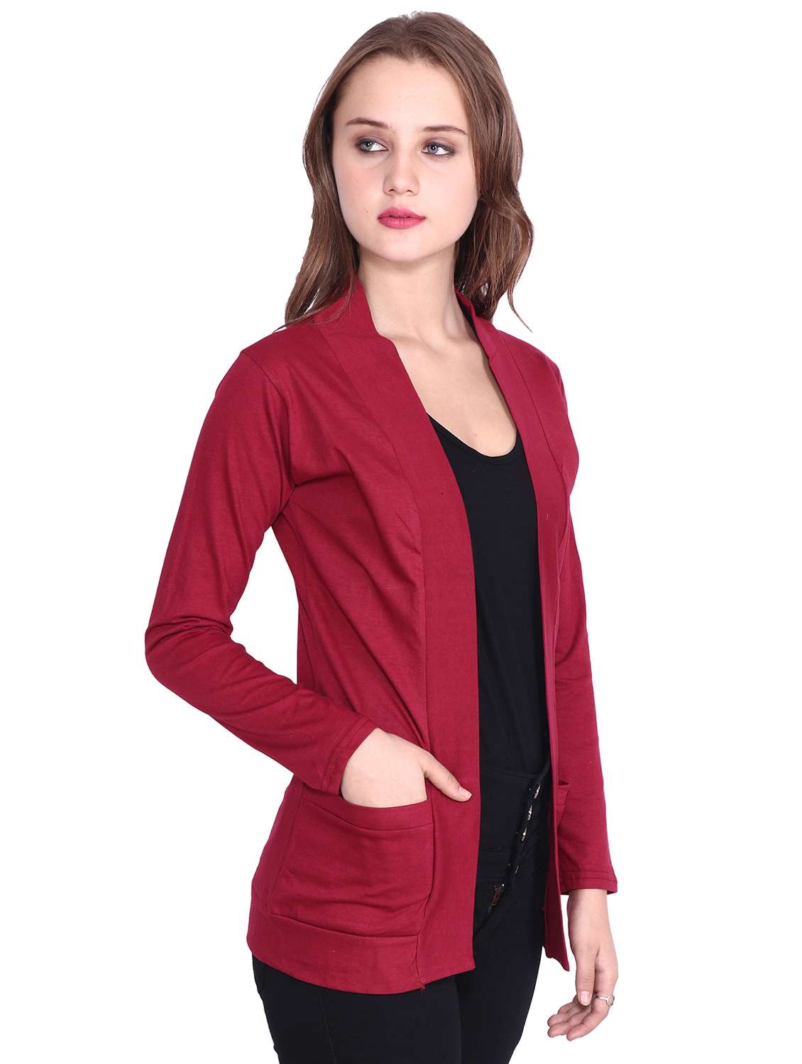 women solid long sleeves shrug with pocket - 20602342 -  Standard Image - 1