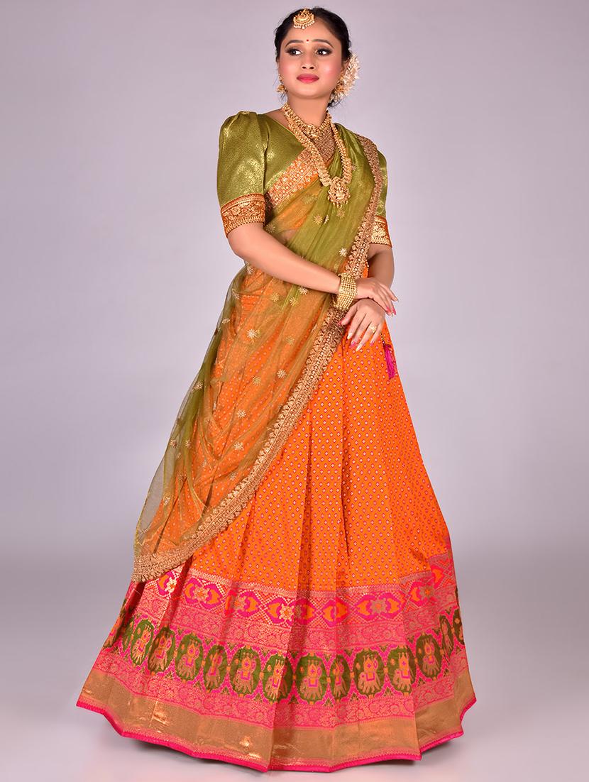 orange self design semi stitched lehenga - 20602735 - Standard Image - 1