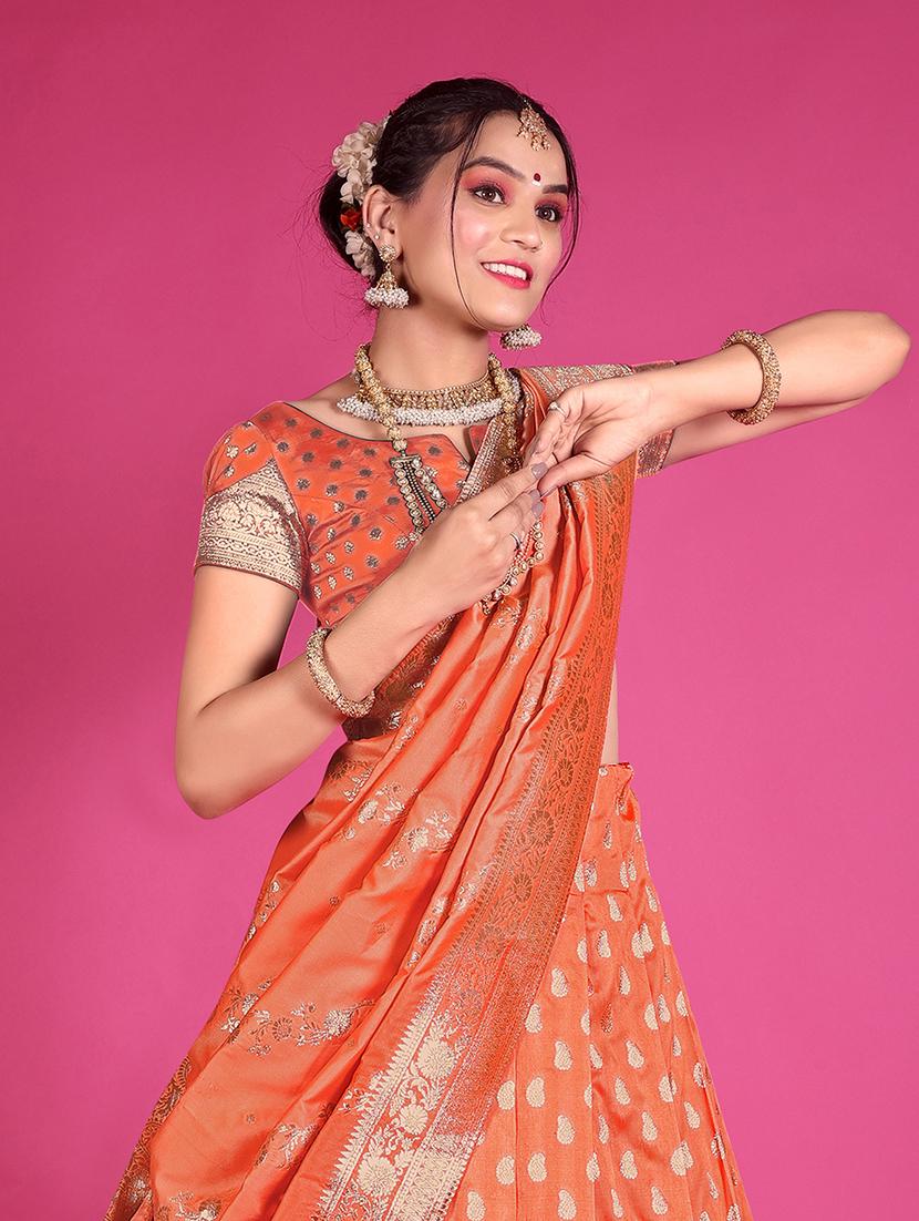 women orange self design semi-stitched lehenga - 20603388 - Standard Image - 1