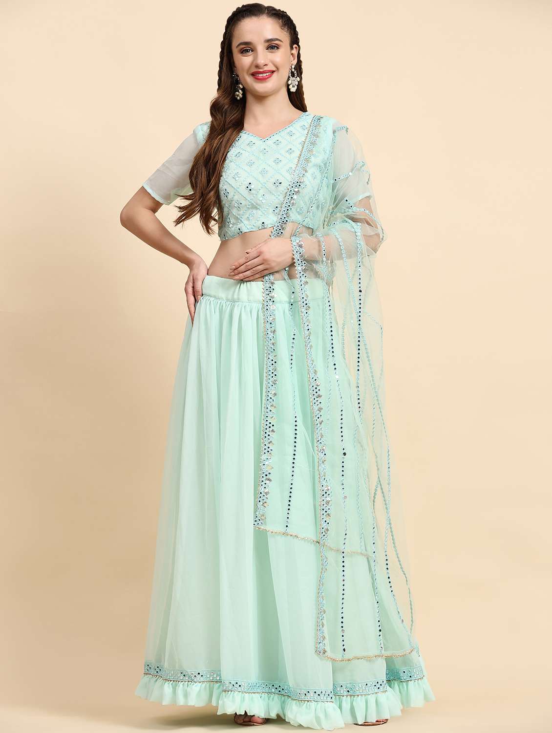 sea green flared lehenga choli set with dupatta