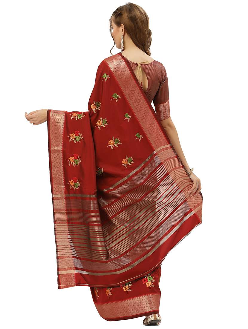 maroon solid with work bordered saree with blouse - 20604215 - Standard Image - 1