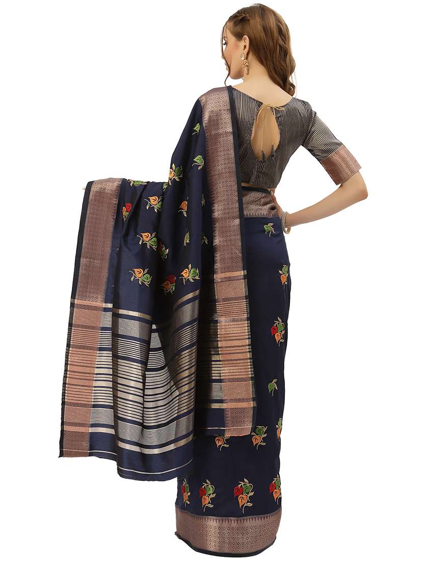 navy blue solid with work bordered saree with blouse - 20604216 -  Standard Image - 1