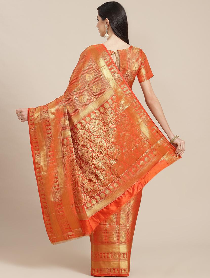orange self design banarasi saree with blouse - 20604239 - Standard Image - 1