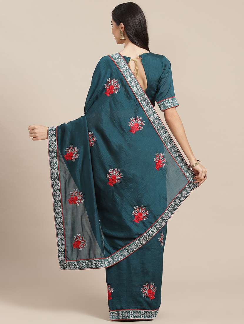 women teal embroidered saree with blouse - 20604246 -  Standard Image - 1